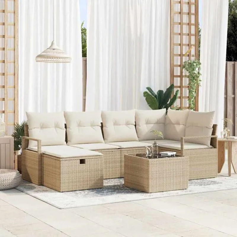 7-teiliges Garten-Sofa-Set von vidaxl aus Poly-Rattan mit Kissen und Stauraum in Beige - Bild 1