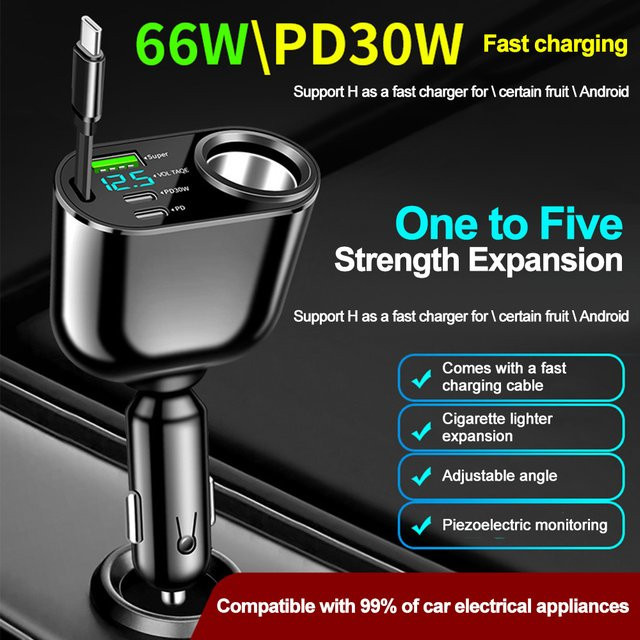 66 W Auto Ladegerät mit 5 Ports und PD 30 W USB-C Schnellladegerät für iPhone, Huawei, Samsung und Xiaomi in Schwarz - Bild 1