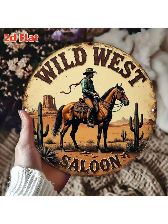 Rundes Wandkunstschild Wild West Saloon von Potdemiel – Rustikale Cowboy- und Pferdewüstenszene mit Kakteen aus Metall, Mehrfarbig, Durchmesser: 19,79 cm - Bild 6