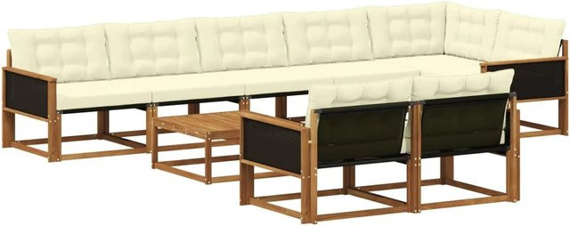 vidaXL Outdoor-Sofagarnitur in U-Form aus massivem Akazienholz mit Textilene und 9 Kissen in Natur und Creme - Bild 1