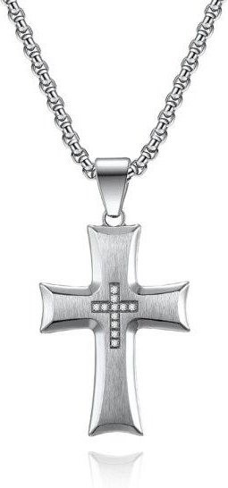 Halskette mit Kreuz Anhänger, Edelstahl, Zirkonia, Weiß, Unisex, 60 cm - Bild 1