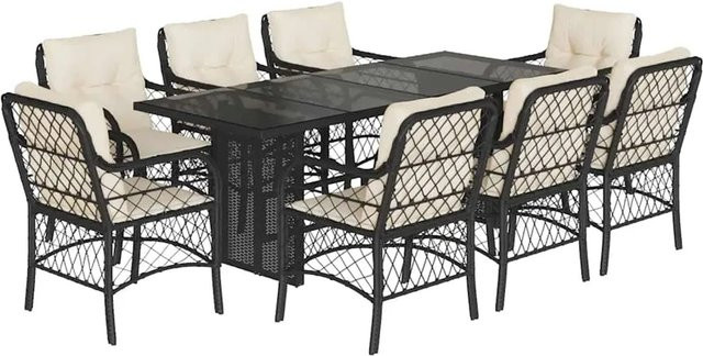 vidaXL 9-teilige Garten-Essgruppe aus Poly Rattan mit Kissen und Hartglas in Schwarz-Creme - Bild 1