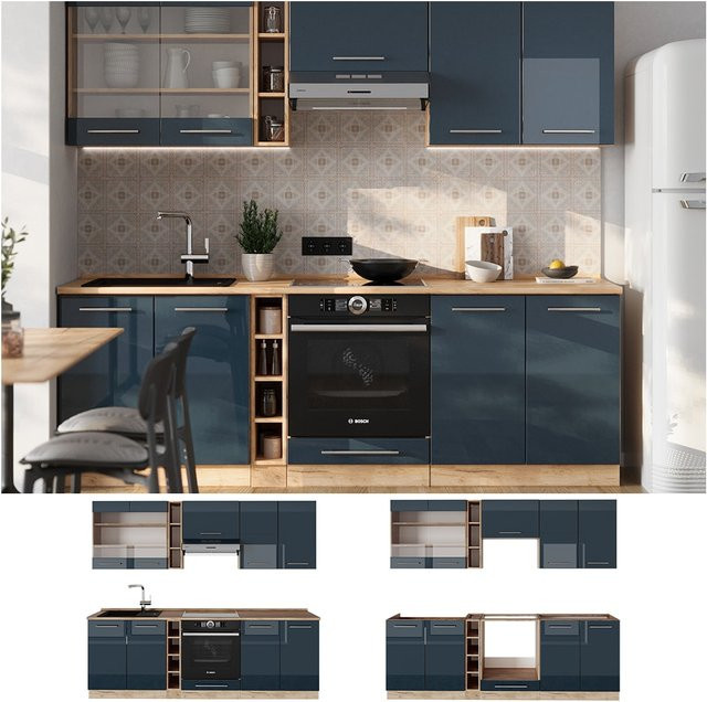 Vicco Küchenzeile Fame-Line Eiche Dunkelblau Hochglanz Breite: 235 cm - Bild 1