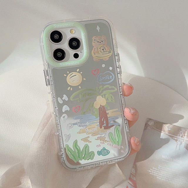 MUQGEW iPhone Handyhülle mit Sommer Cartoon Strand Kokosnussbaum Graffiti Design und Make-Up Spiegel Stoßfeste Abdeckung für iPhone 11 12 13 14 15 16 Pro Max XS XR - Bild 1
