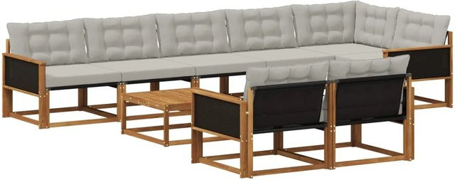 vidaXL Outdoor-Sofagarnitur in L-Form aus massivem Akazienholz mit 9 Textilene-Kissen in Natur und Hellgrau - Bild 1