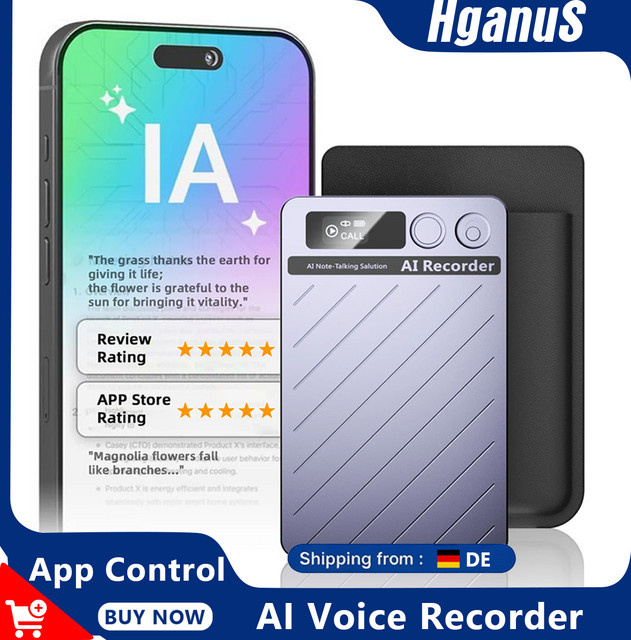 Hganus Tragbarer KI-Sprachrekorder in Blau mit 64 GB Speicher, App-Steuerung und KI-Transkription via ChatGPT-4 sowie Bluetooth 5.3 - Bild 1
