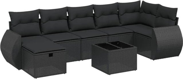 vidaXL 8-tlg Garten-Sofagarnitur in L-Form aus schwarzem Poly-Rattan mit Kissen und pulverbeschichtetem Stahlgestell - Bild 1