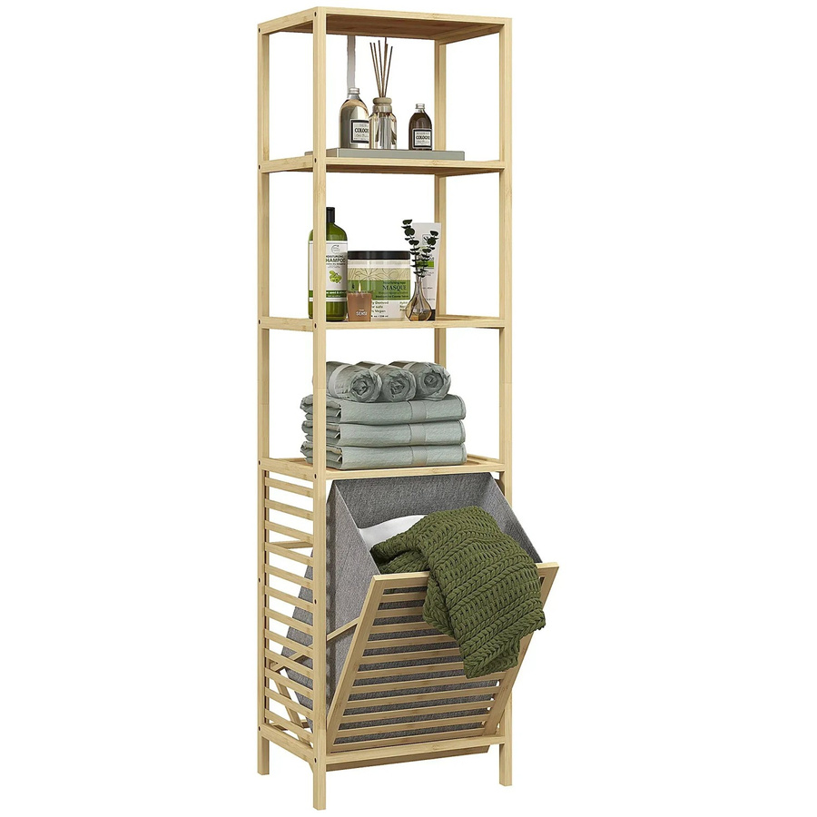 HOMCOM Badregal aus Bambus mit Wäschekorb und 3 Ebenen, Braun, B/T/H: 44 x 33 x 160 cm - Bild 2