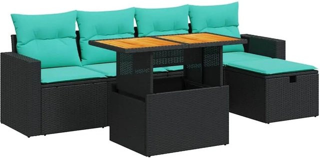 vidaXL 6-teilige Garten-Sofagarnitur in L-Form aus Polyrattan mit blauen Kissen und Couchtisch in Schwarz - Bild 1
