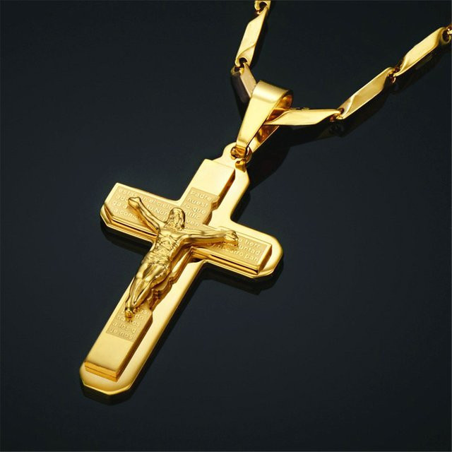 Halskette mit Kreuz Anhänger, Edelstahl, Gold, Herren - Bild 1