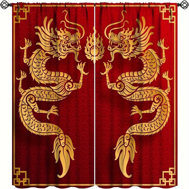 2er-Set rote Vorhänge mit 3D Goldener Drache Kunstprint für Wohnzimmer und Schlafzimmer, B: 210 cm, H: 230 cm - Bild 1