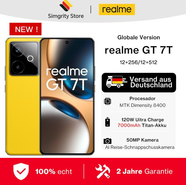 realme GT 7T 5G Smartphone Gelb mit 256 GB Speicher, 12 GB RAM, Dimensity 8400-MAX Chipset, 7000 mAh Akku, 120W Schnellladung, 50MP IMX896 Kamera und 120Hz Display - Bild 1