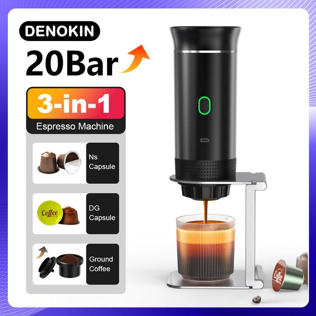 DENOKIN 3-in-1 Tragbare Espressomaschine für unterwegs und zu Hause, Drahtlose elektrische Reise-Kaffeemaschine für Kapseln und Pulver, Grau/Schwarz - Bild 1