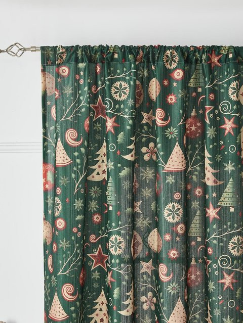 Weihnachtliche Vorhänge mit Weihnachtsbaum-Motiv in Grün und Grau, halbtransparent, Polyester, Breite: 140 cm, Höhe: 100 cm - Bild 1