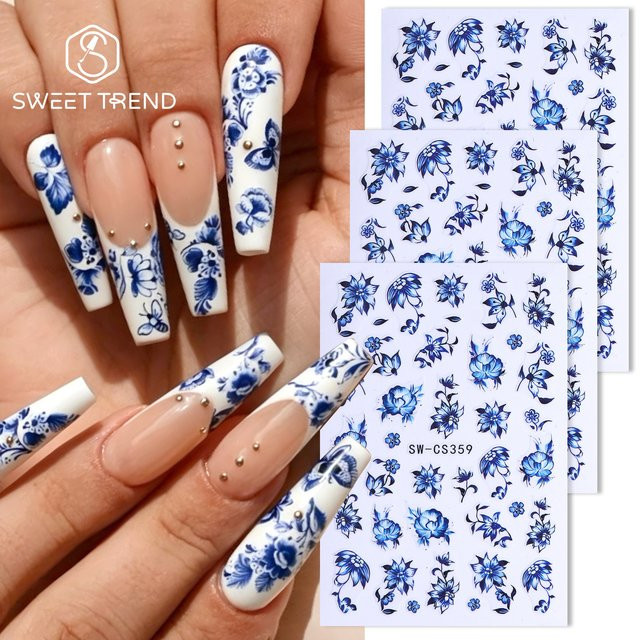 Sweet Trend Nagelaufkleber Porzellandesign, 3 Stück, Blau-Weiß - Bild 1