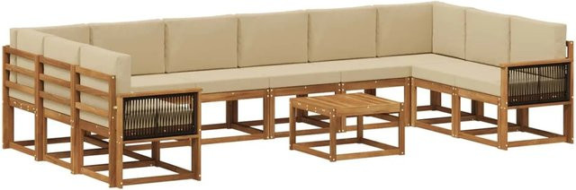 vidaXL Outdoor-Sofagarnitur aus Massivholz Akazie in Natur und Beige, 11-teiliges L-Shape Set mit Polstern und Armlehnen - Bild 1