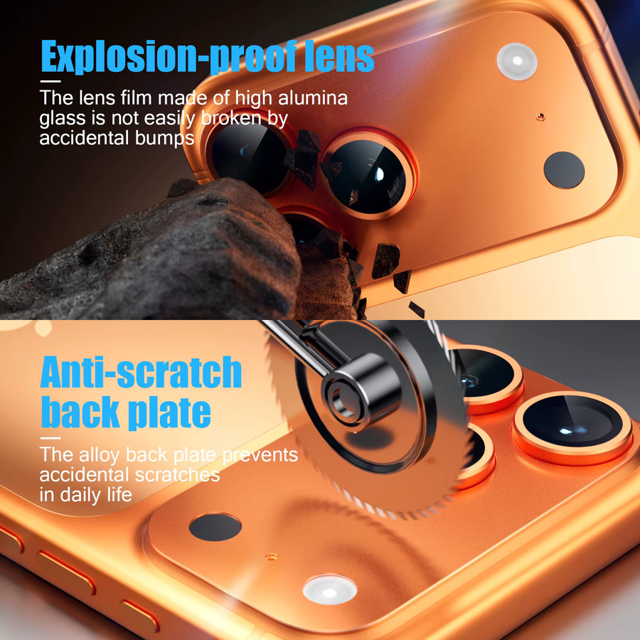 Objektivschutzhülle aus Metall und gehärtetem Glas für Apple iPhone 17 Pro Max und iPhone 17 Air, Farbe: Schwarz/Orange - Bild 3