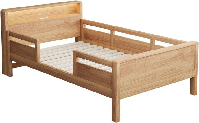 Merax Holzbett für Kinderzimmer mit LED-Licht, USB-Ladeport und Ablagefächern, Farbe: Weiß/Braun, B/T/H: 90 x 200 x 120 cm - Bild 1