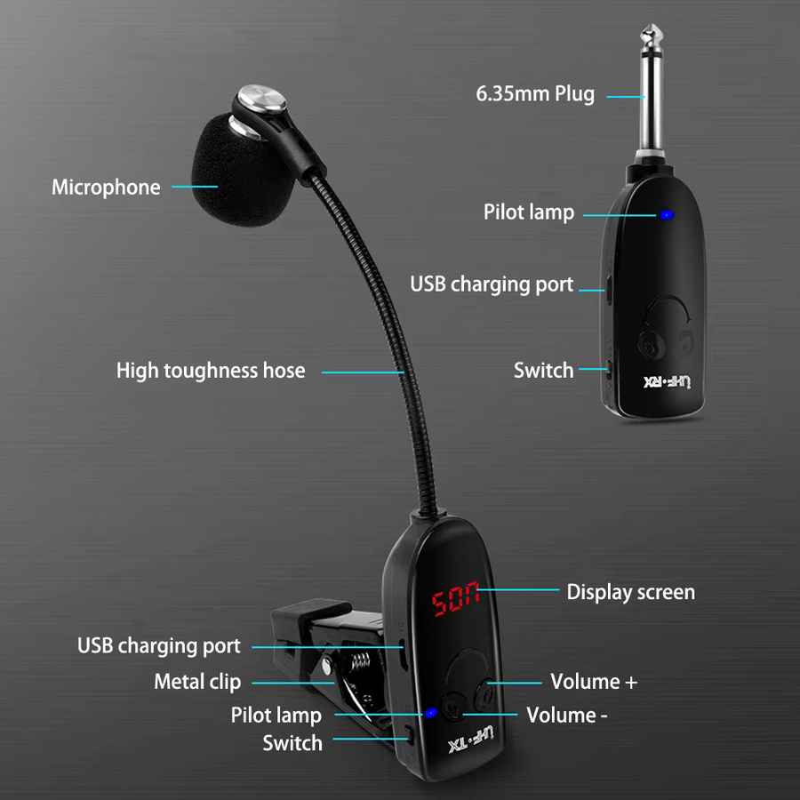Drahtloses Bluetooth Mikrofon von occkic in Schwarz als Tonabnehmerverstärker für Saxophon, Trompete und Posaune - Bild 4
