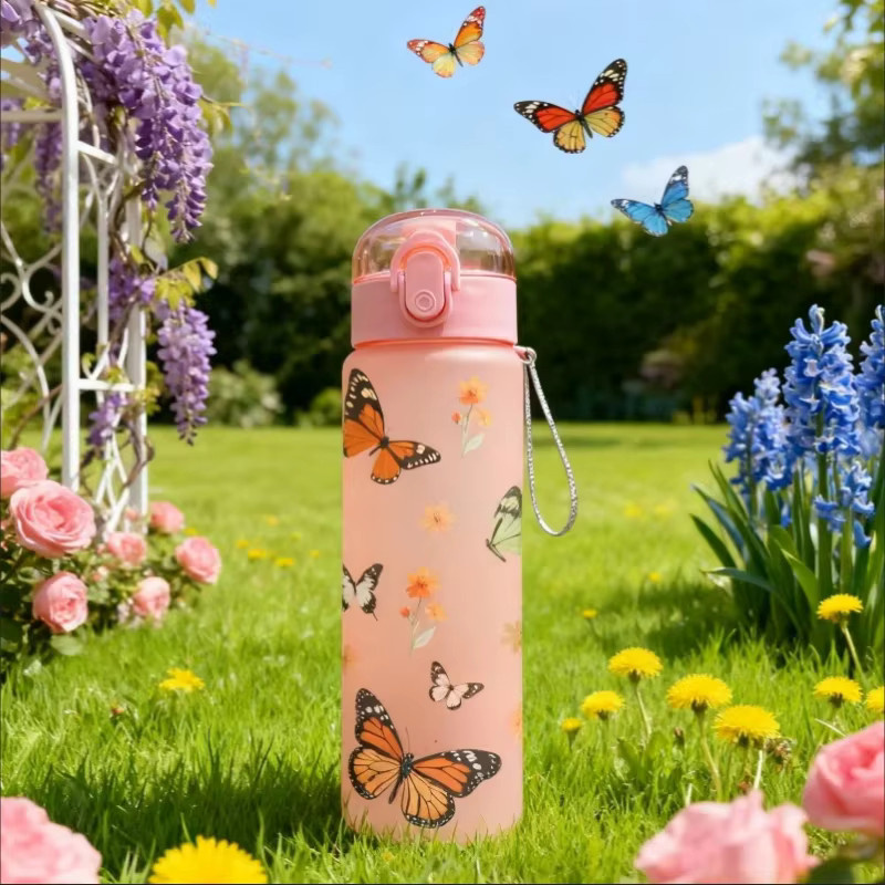 Fantia Schmetterlings-Wasserflasche mit 3D-Druck Allover-Design in Schwarz, 780 ml, BPA-freie Sportflasche mit auslaufsicherem Klappdeckel - Bild 2