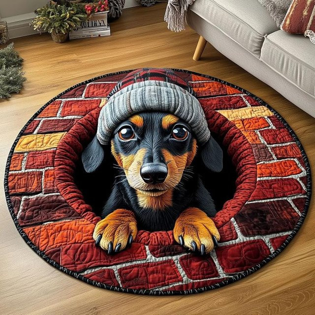 Runder Teppich von Lodestar mit 3D Ziegelwand-Optik und Dackel-Motiv in Multicolour, Durchmesser: 120 cm - Bild 1