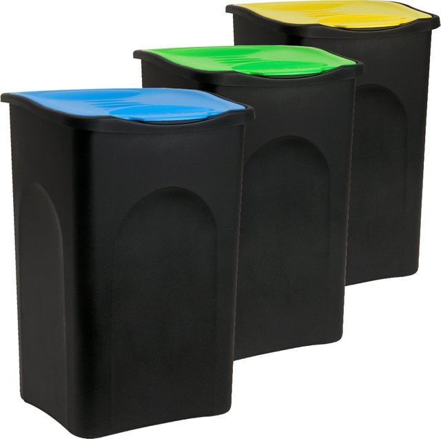 STEFANPLAST Mülleimer mit Deckel 3er-Set aus Kunststoff in Blau, Grün und Gelb mit 50 l Volumen - Bild 1