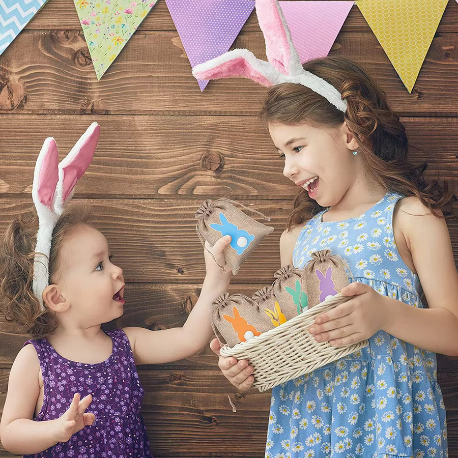 Ostern Jute Beutel mit Kordelzug Motiv Hase und Kaninchen Mehrfarbig für Süßigkeiten und Geschenke - Bild 2