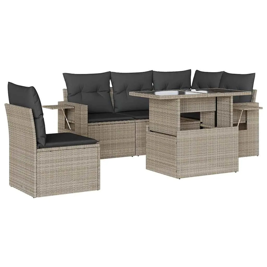 vidaXL 6-teilige Garten-Sofagarnitur in L-Form aus Poly-Rattan in Hellgrau mit UV-beständigen Kissen und pulverbeschichtetem Stahlgestell - Bild 2