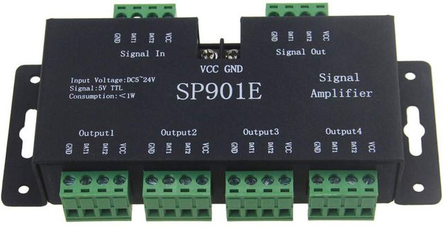 WELLMEET SP901E SPI-Signalverstärker-Repeater in Schwarz für adressierbare RGB-LED-Streifen wie WS2812 und WS2811 - Bild 1