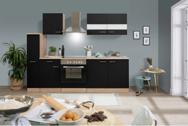 Respekta Küchenzeile KB240ESSC in Schwarz-Eiche mit Soft-Close-Türen und Glaselementen, Breite: 240 cm, Tiefe: 60 cm - Bild 1