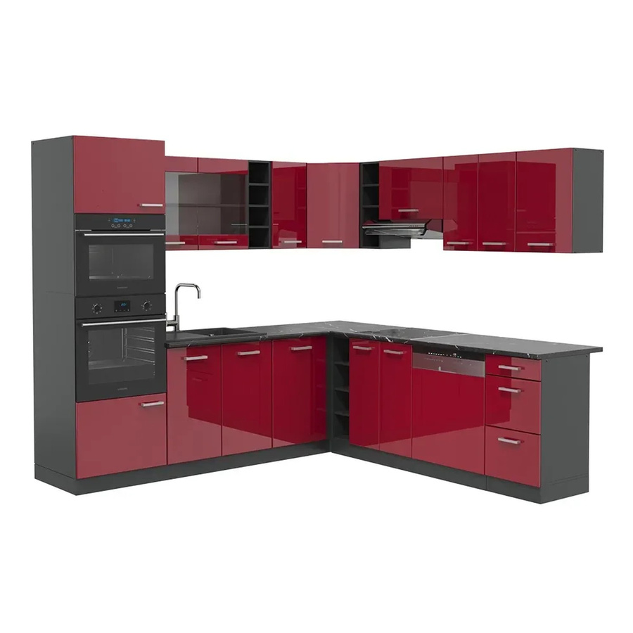 Vicco R-Line Eckküche in Bordeaux und Anthrazit Hochglanz, B/T/H: 237 x 247 cm - Bild 1