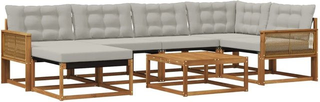 vidaXL Outdoor-Sofagarnitur L-Form aus Massivholz Akazie und Textilene in Natur und Grau mit 7 Kissen und Armlehnen - Bild 1
