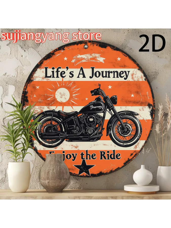 Potdemiel Vintage-Motorrad-Wanddekoration aus Metall, rund, orange, Durchmesser: 20,3 cm - Bild 5