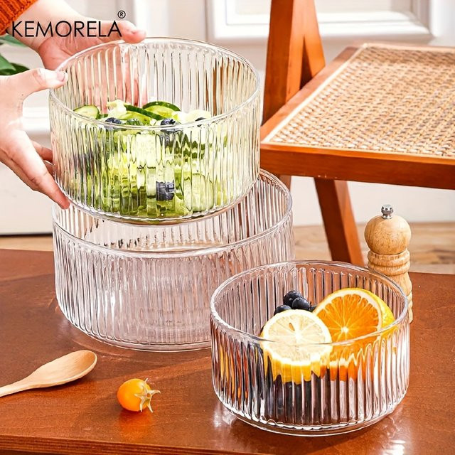 KEMORELA Salat- und Obstschale aus Glas mit Streifen-Design in Transparent, runde Servierschale für Dessert und Obst - Bild 1