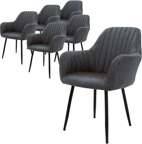 6er Set Esszimmerstühle ML-Design in Anthrazit mit Armlehnen und linierter Steppung aus PU-Kunstleder - Bild 1