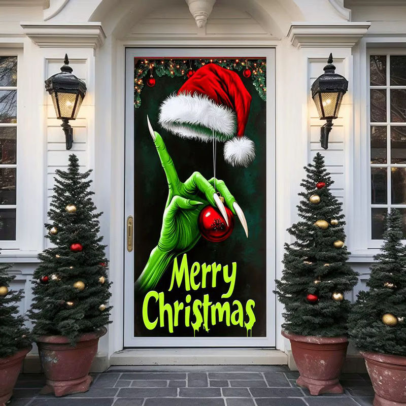 Weihnachts-Türdeko Frohe Weihnachten mit Elf-Motiv in Grün und Mehrfarbig, Vinyl-Hintergrund für Party und Veranda, B/H: 180 x 90 cm - Bild 2