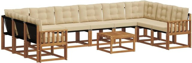 vidaXL Outdoor-Sofagarnitur aus massivem Akazienholz mit Textilene und Kissen, 11-teilig, Natur-Beige - Bild 1