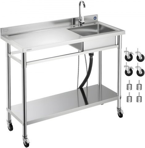 VEVOR Spültisch aus Edelstahl mit Einzelbecken, Wasserhahn und Rollen, Farbe Silber, B/T/H: 120 x 50 x 105,5 cm - Bild 1
