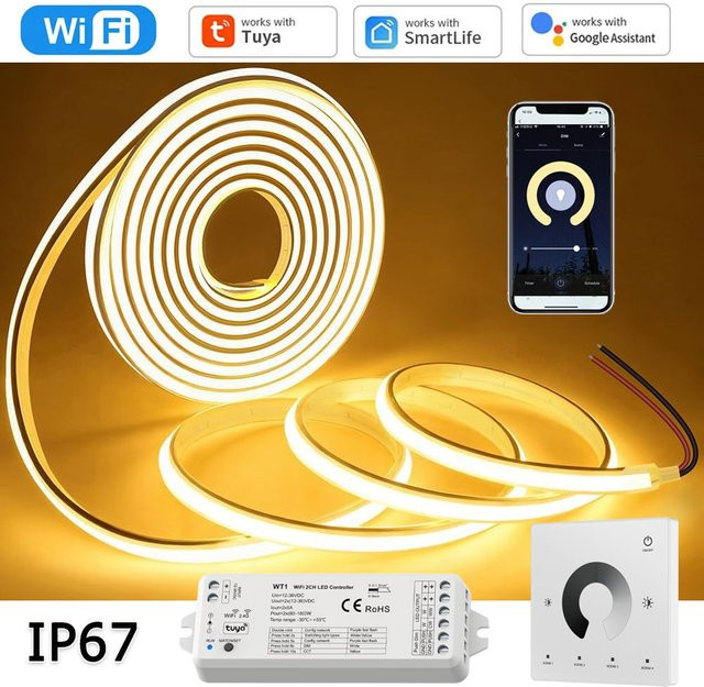 CENFAYA Tuya WiFi COB LED-Streifen IP67 24V Warmweiß Dimmbar mit Fernbedienung für Innen- und Außenbereich kompatibel mit Alexa und Home Assistant - Bild 1