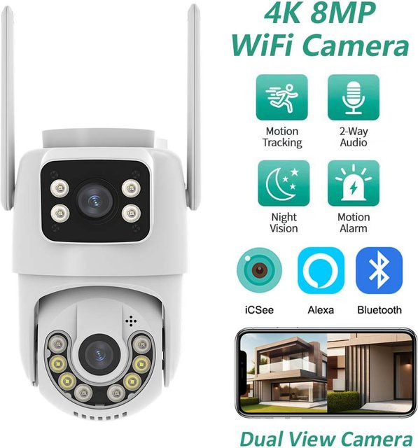 DDBROUGEN 4K 8MP PTZ WiFi Überwachungskamera mit Dual Screen und Farb-Nachtsicht für Outdoor Sicherheit, ICSEE App, Weiß - Bild 1