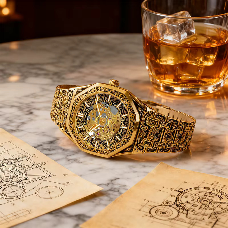 MEIRUIQI Armbanduhr Automatik, Edelstahl, Gold, Eckig, Herren - Bild 4