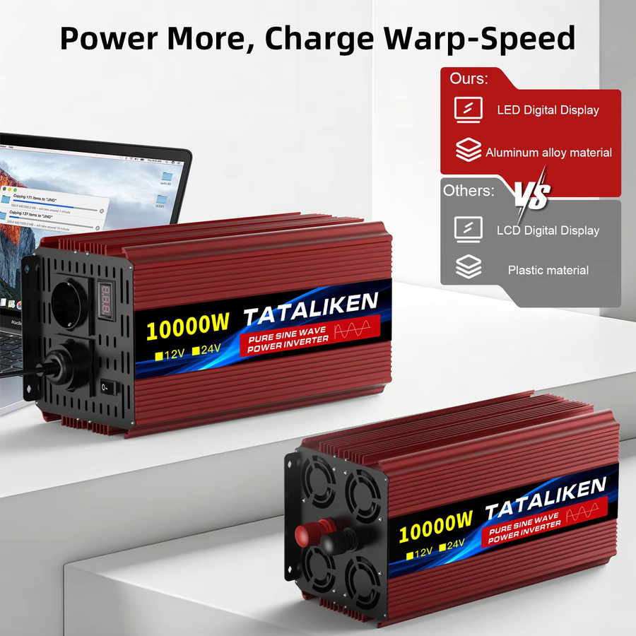 TATALIKEN Reiner Sinus-Wechselrichter 12V DC zu 220V AC 50Hz mit LCD-Digitalanzeige und Kühlventilator in Rot - Bild 2