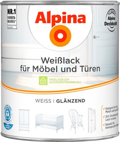 Alpina Weißlack für Holz, wasserbasiert, glänzend, Weiß, 2 Liter - Bild 1