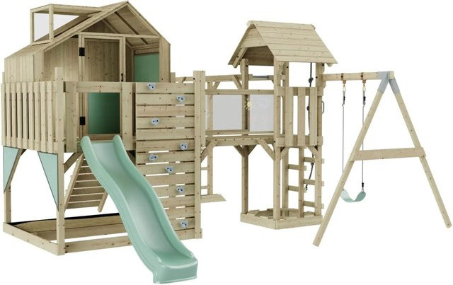 OutdoorToys Spielturm Mille mit Kinderschaukel in Mintgrün aus Holz und Stahl - Bild 1