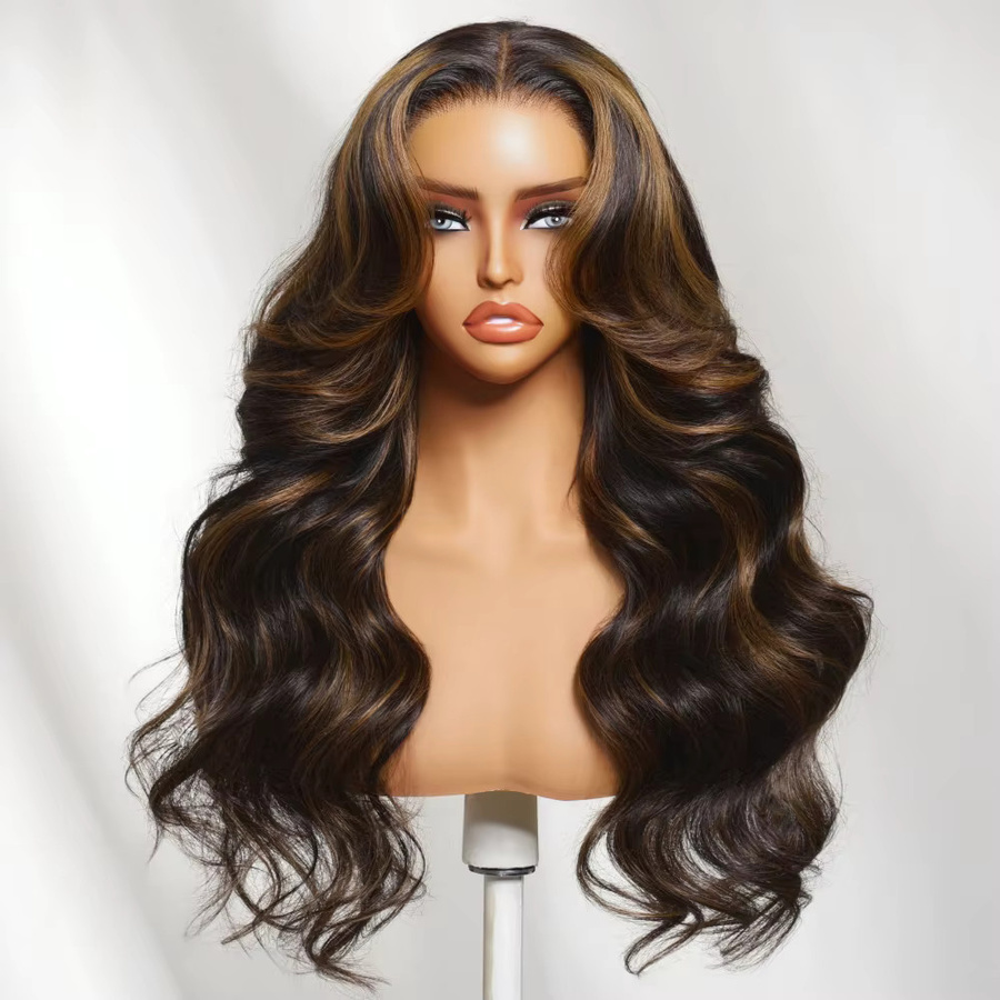 UNice Echthaarperücke Body Wave, Golden Brown Highlights, 150 % Dichte - Bild 2