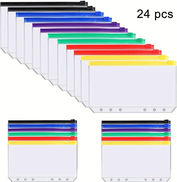 24 Stück WTEMPO Ordnertaschen aus PVC, bunte 6-Loch Budget-Bargeldumschläge mit Reißverschluss, transparente wasserdichte Dokumententaschen für deine Planung - Bild 1