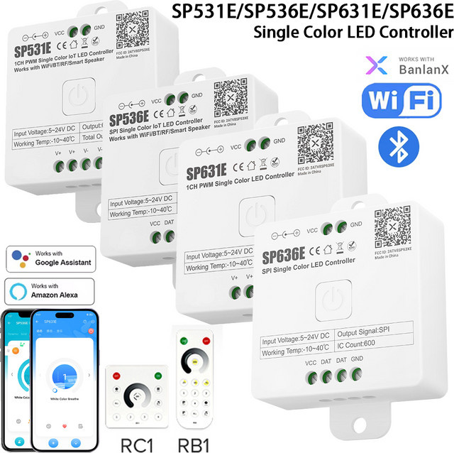 YSRSAI Einfarbiger LED-Controller für LED-Lichtstreifen mit Bluetooth und WLAN, SP531E SP536E SP631E SP636E, inklusive 2,4G Fernbedienung, DC5V 12V 24V, Weiß - Bild 1