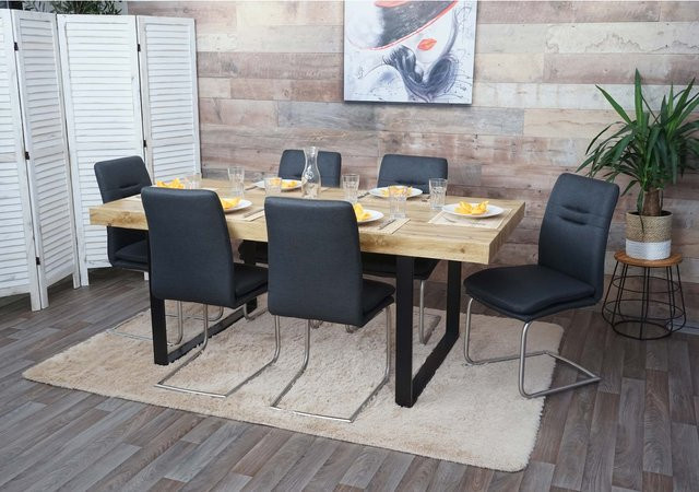 6er-Set MCW Esszimmerstuhl H70 Freischwinger aus Stoff in Dunkelgrau mit Edelstahlgestell - Bild 1