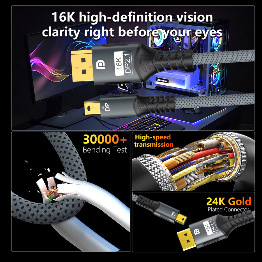 FDBOY Mini-DP zu DisplayPort Kabel DP2.1 Bidirektional 16K@60Hz und 8K@120Hz für MacBook Air und Monitor - Bild 4