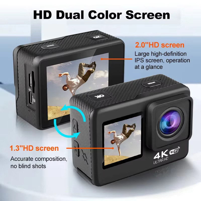 Regaton Action-Kamera 4K mit Dual-Screen-Display, 24MP, WiFi und 170 Grad Weitwinkelobjektiv, wasserdicht bis 30m, Schwarz - Bild 2